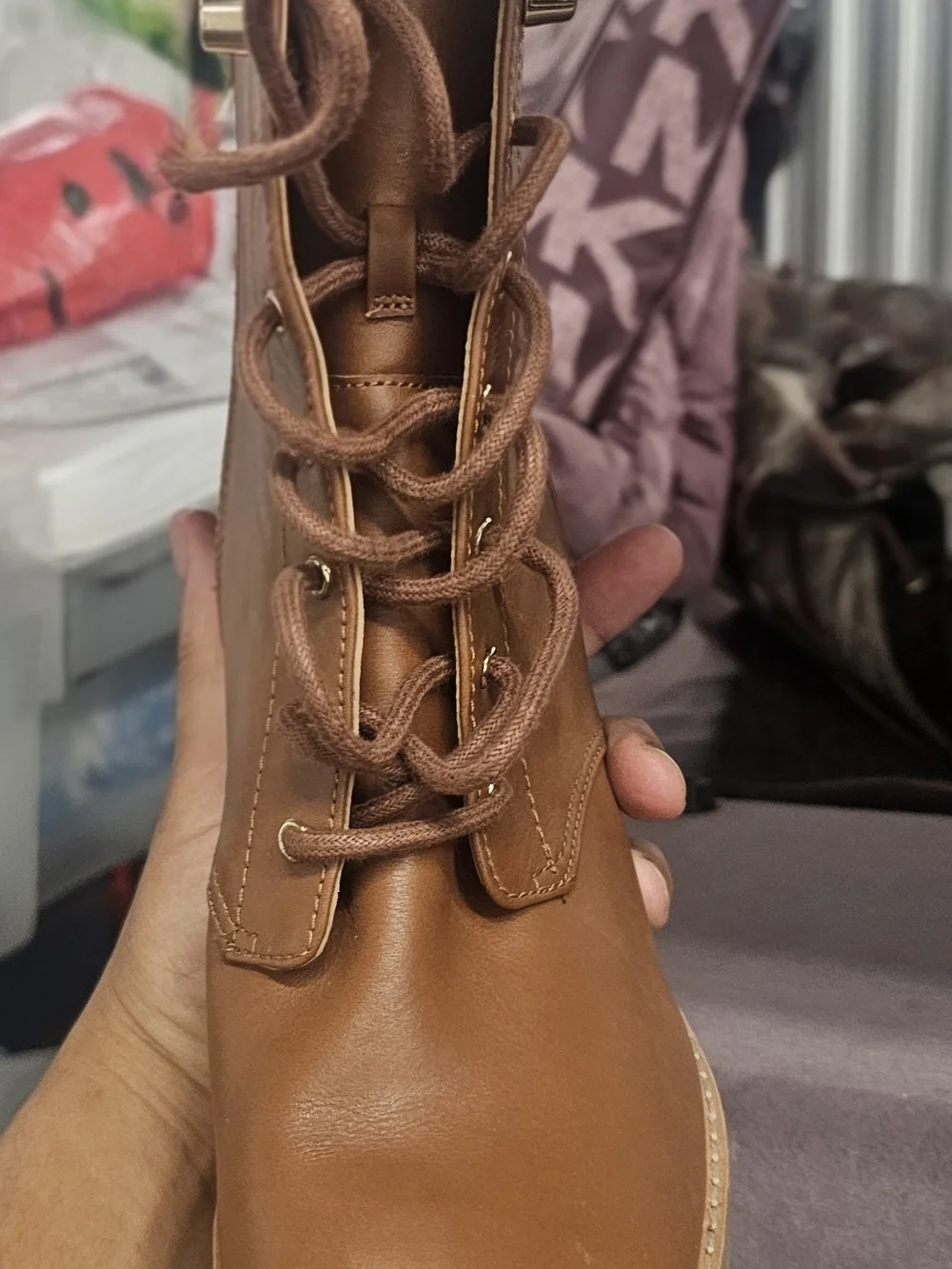 Michael Kors Brown Leather Lace-Up Boot with Gold Block Heel
